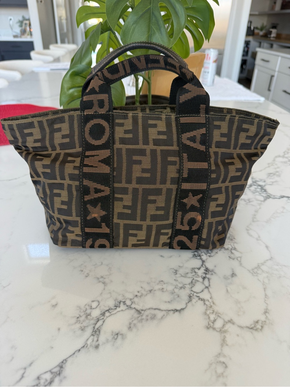 Fendi Zucca FF Tote Brown Canvas FENDI ROMA Star Logo Webbing